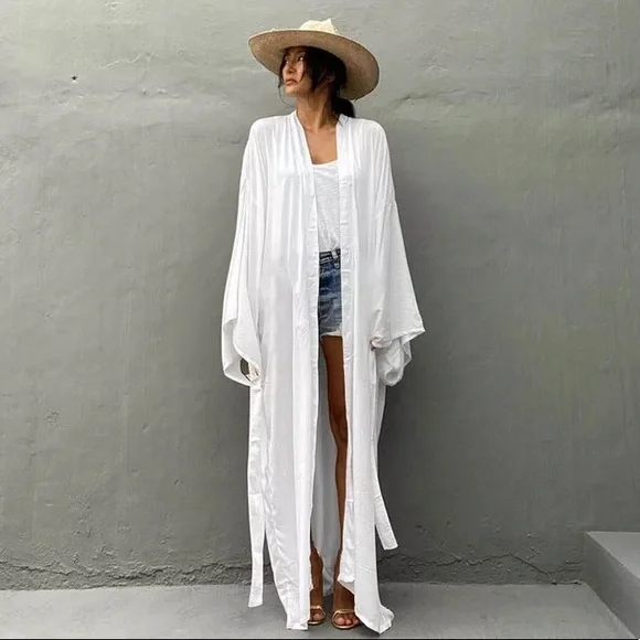 PreWashed Cotton Maxi Duster Kimono, Oversized Beach Coverup W/Sash Tie NWT - Picture 3 of 6